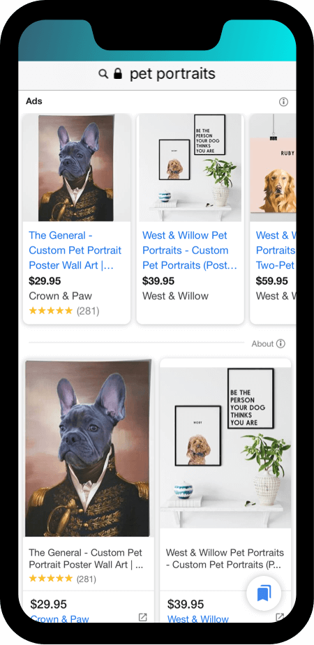 Google ad for eccomerce with unbranded term: pet portraits