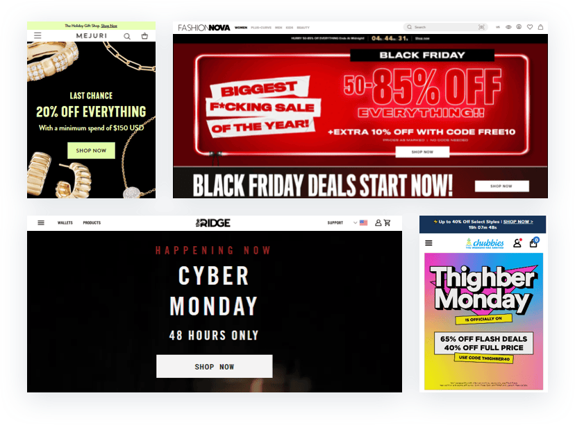Black Friday, Cyber Monday 2022 live ecommerce retailer screenshots preview